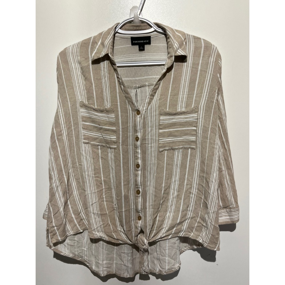 Fortune +‎ Ivy Tan White Striped Tie Front Roll Tab Sleeve Shirt Large